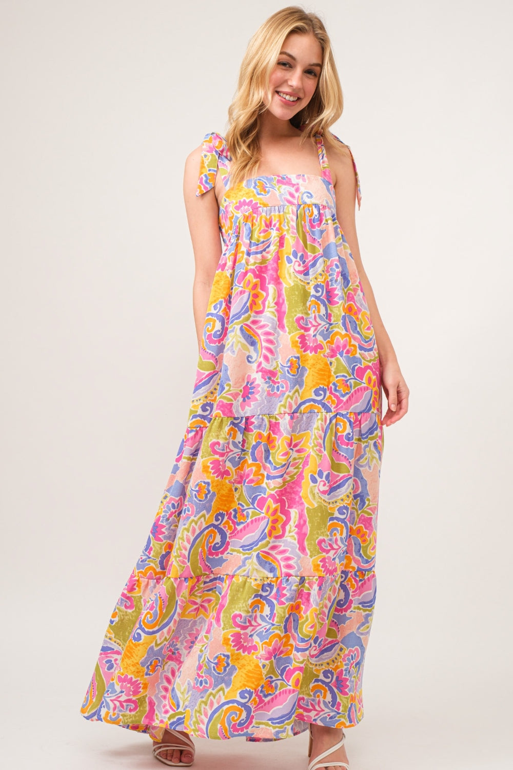 Silken Whisper Printed Tie Shoulder Tiered Maxi Dress
