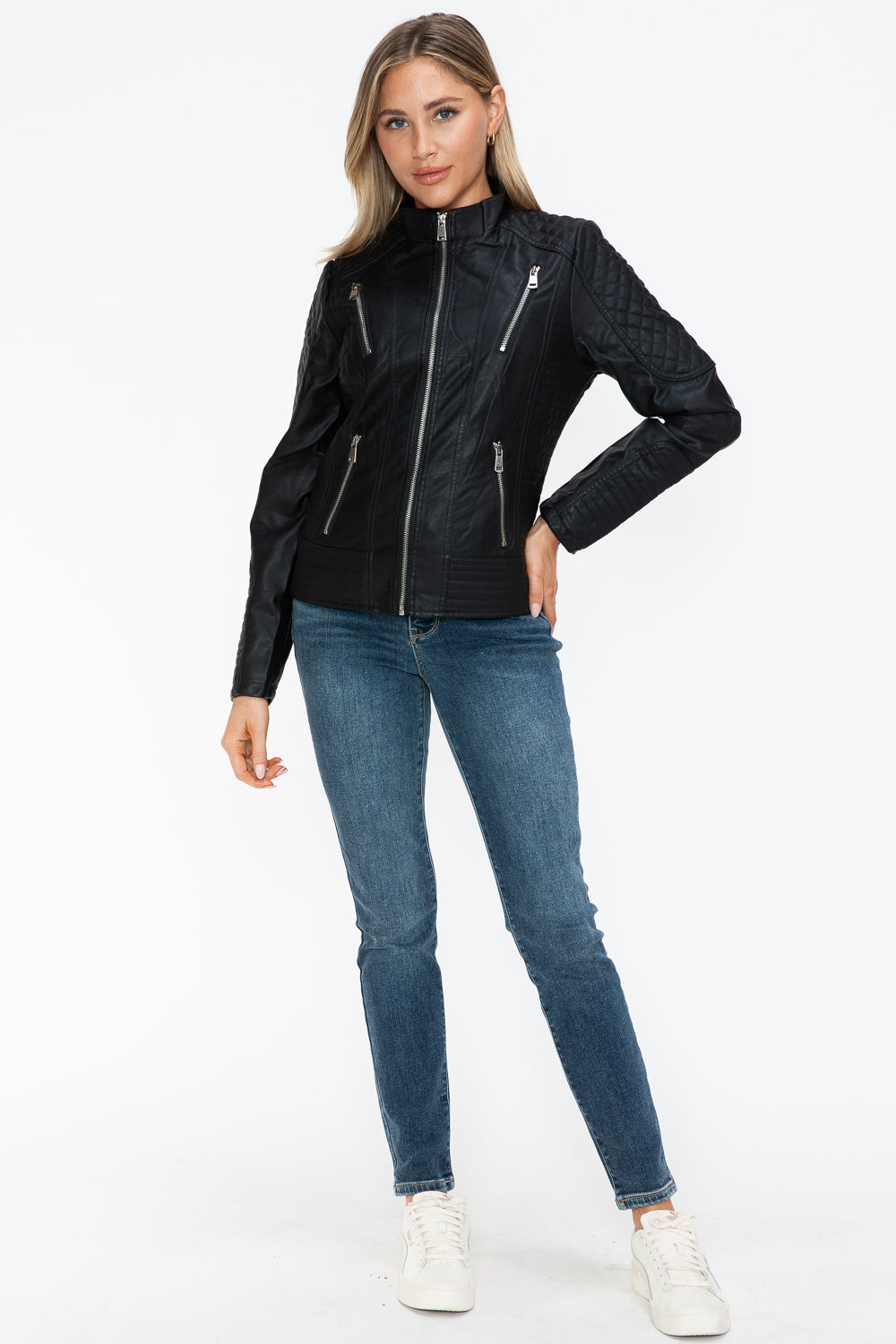Leather Zip Up Mock Neck Jacket