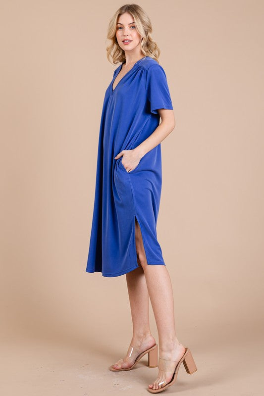 Heart's Desire Side Slit Short Sleeve Midi Dress with Pockets