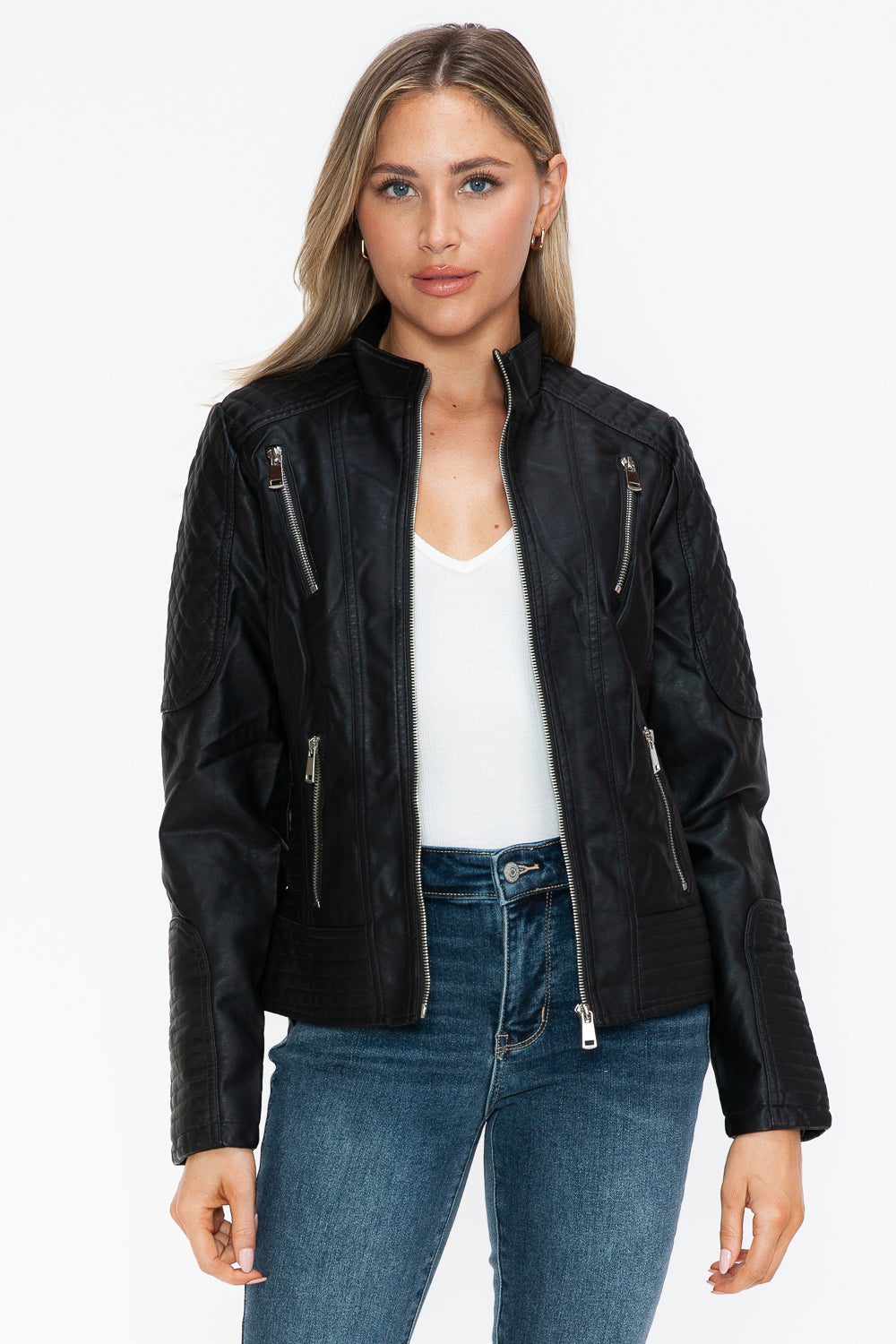 Leather Zip Up Mock Neck Jacket