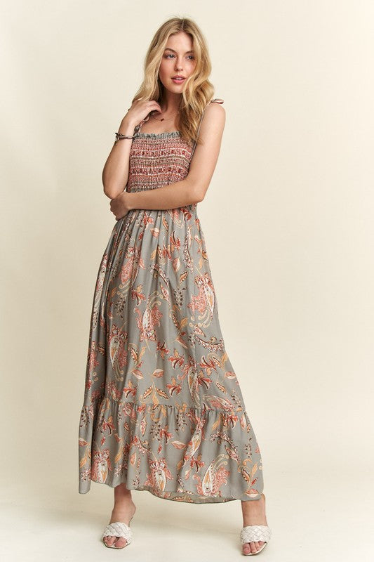 Cupid's Arrow Smocked Printed Square Neck Tie Shoulder Cami Dress