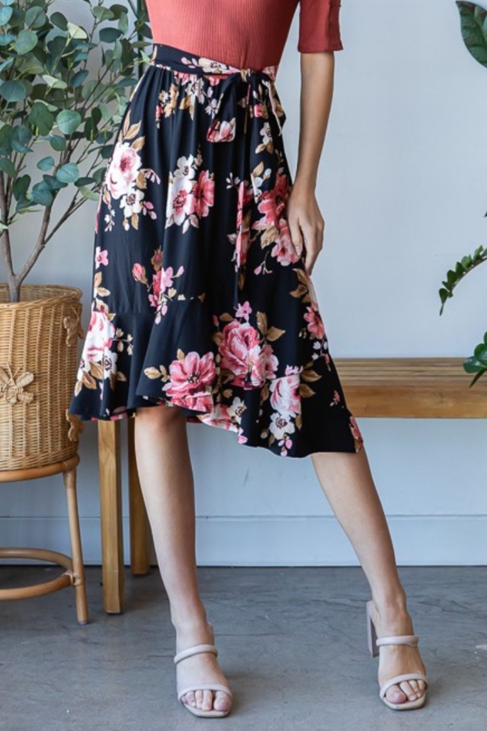 Sansplay Ethereal Floral Wrap Ruffle Hem Skirt