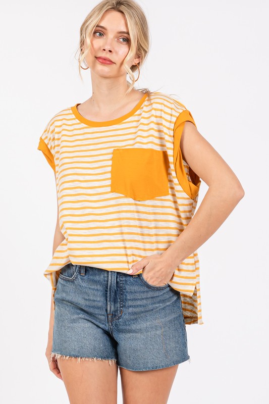 Twirl & Twirl Side Slit Striped Cap Sleeve T-Shirt