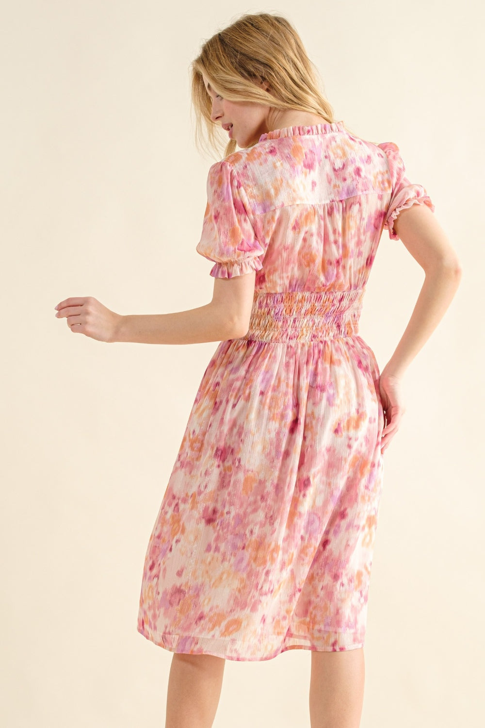 The Golden Hour Smocked Waist Printed Midi Dress