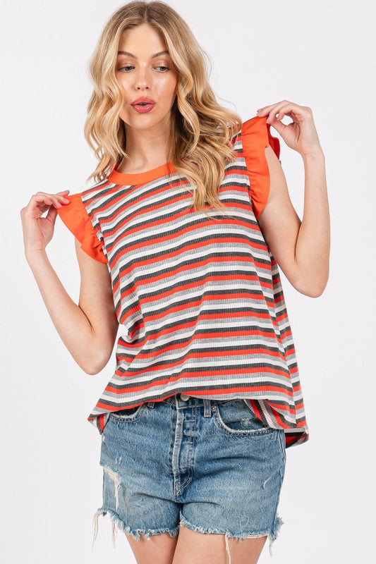 Urban Romance Striped Round Neck Ruffled Cap Sleeve Top