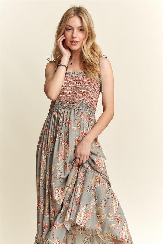 Cupid's Arrow Smocked Printed Square Neck Tie Shoulder Cami Dress
