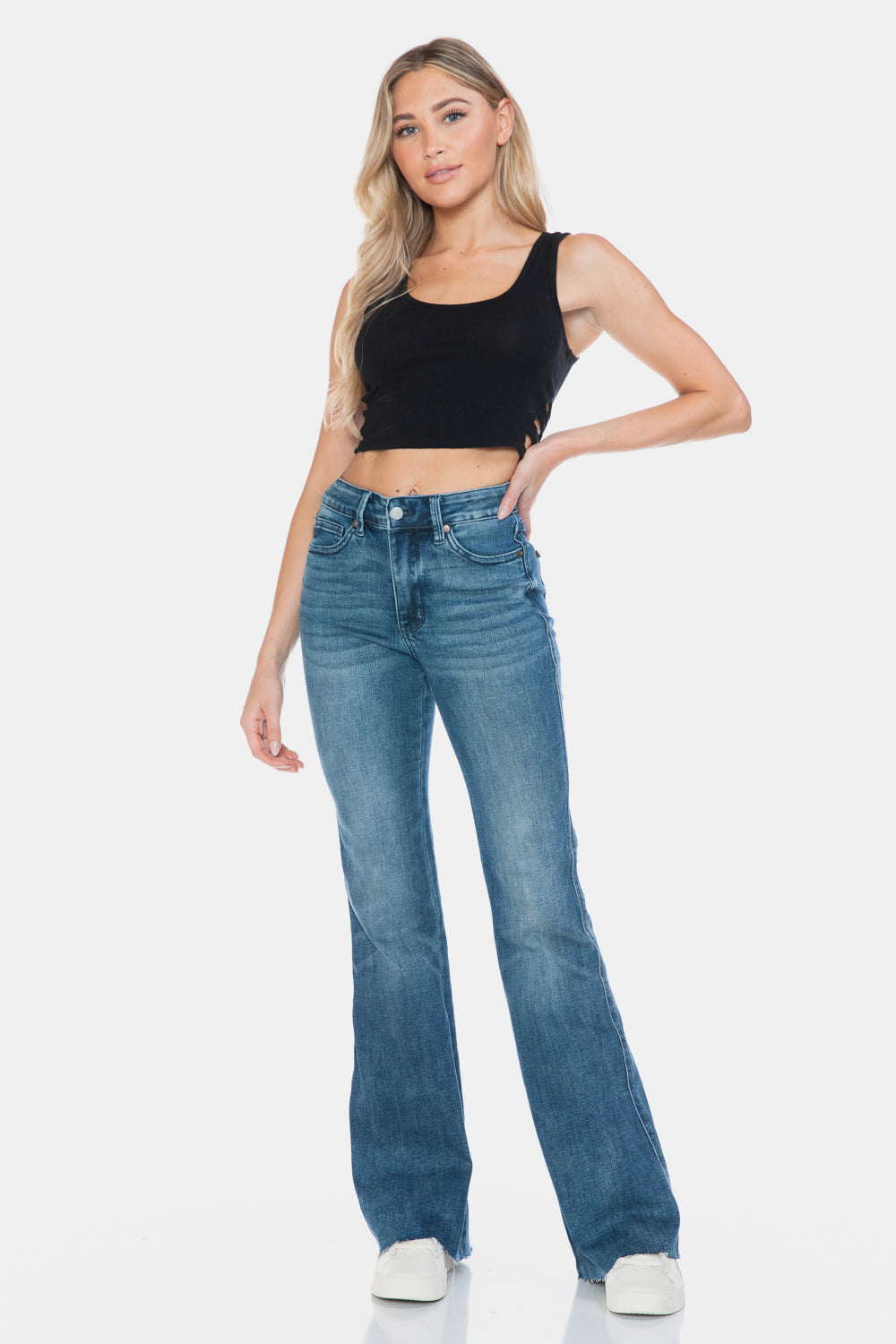 Sans Full Size Tummy Control Cut Hem Flare Jeans