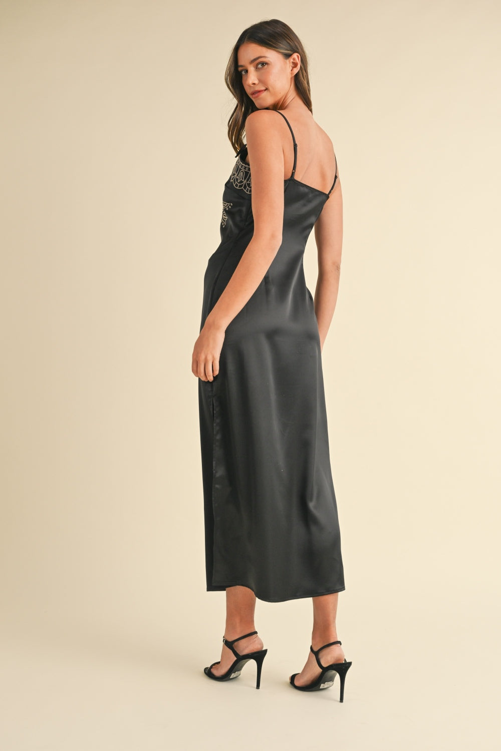 Whispers of Grace Embroidered Cami Satin Midi Slit Dress