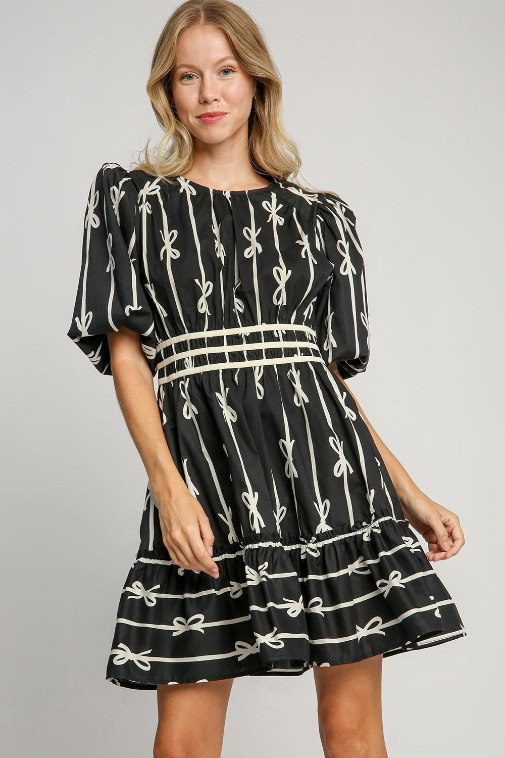 The Midnight Bloom Ribbon Print Frill Contrast Velvet Trim Half Sleeve Dress