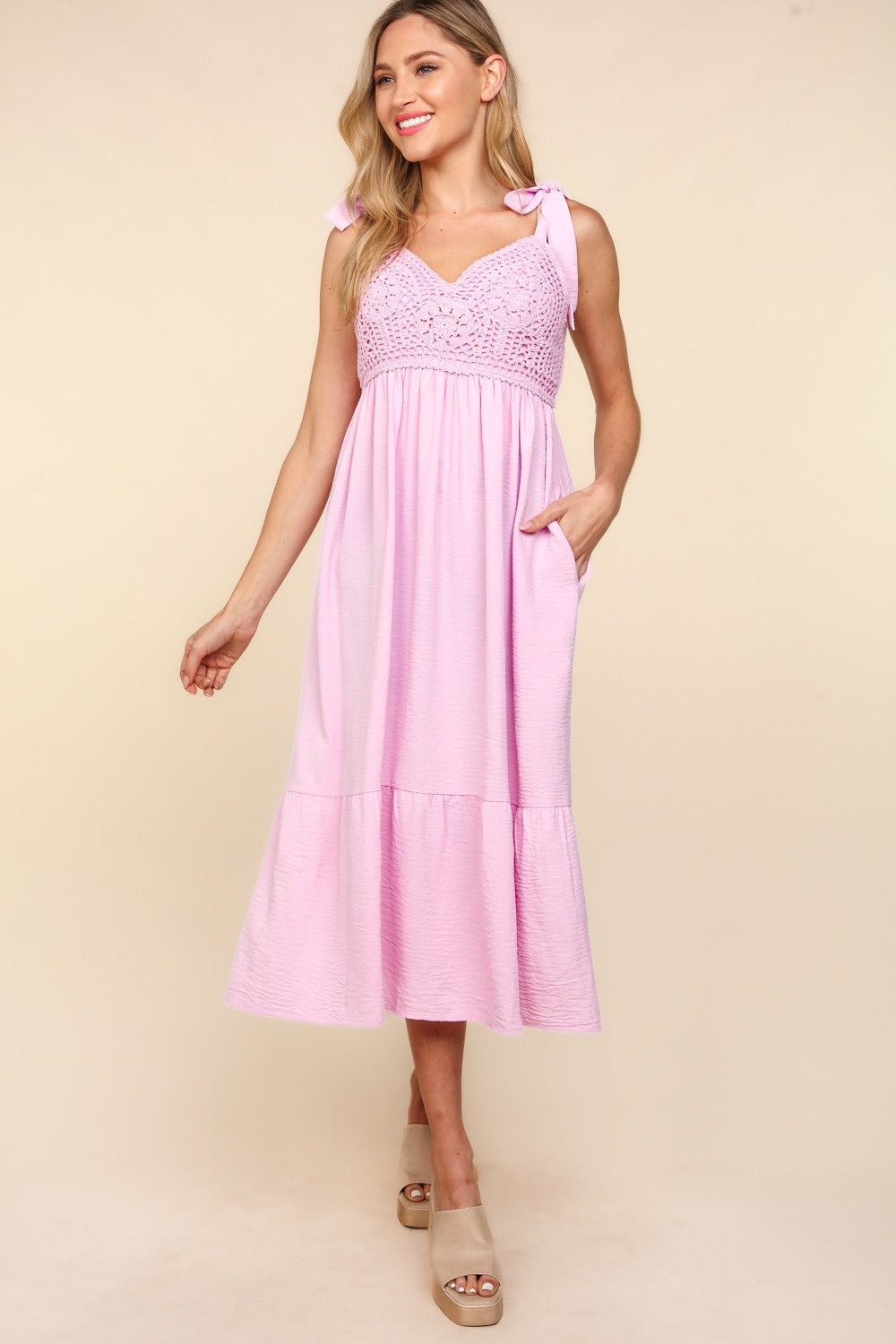 Aura of Elegance Crochet Lace Ruffle Hem Cami Midi Dress