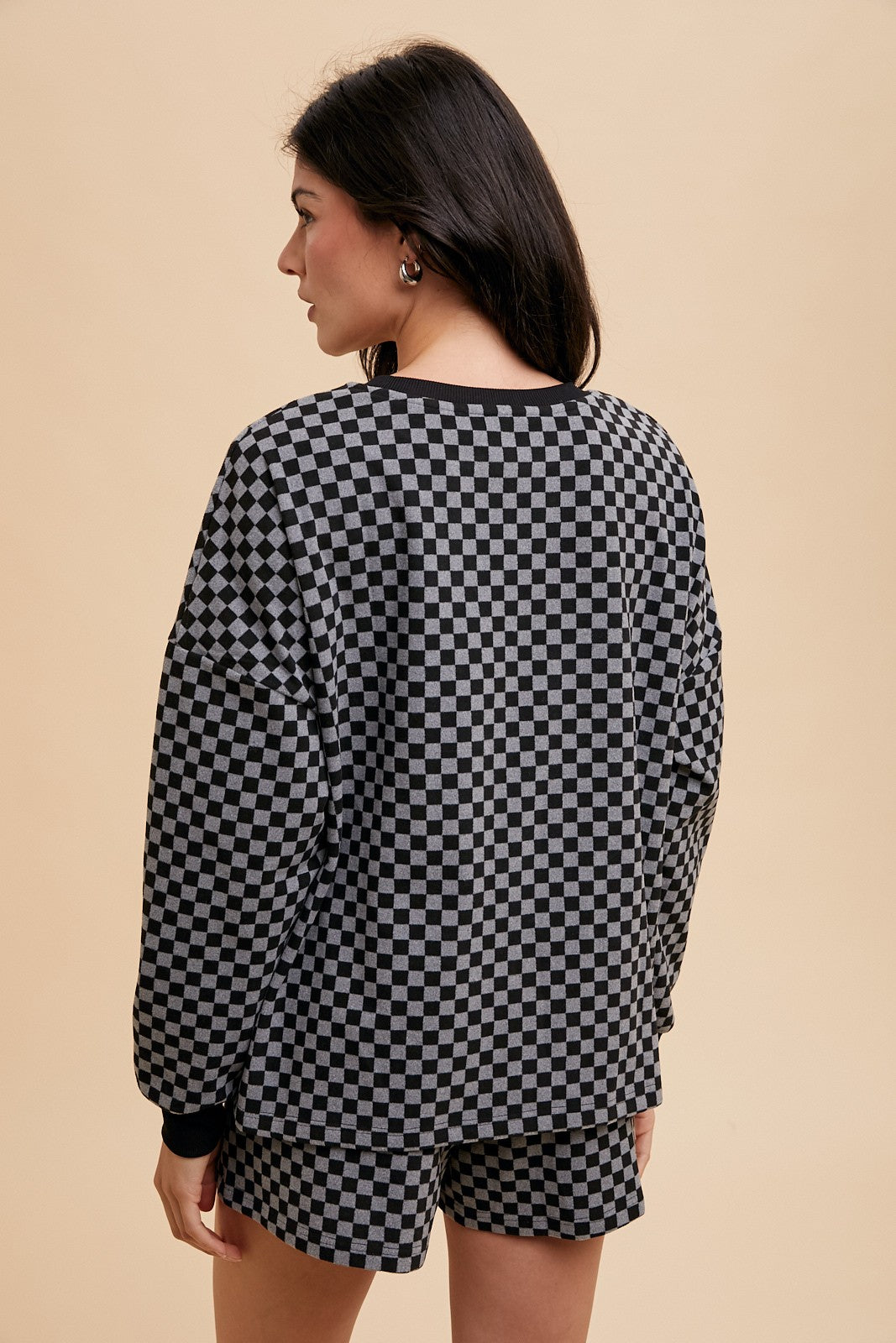 Sansplay Luxe Two-Piece Checkered Round Neck Top and Drawstring Shorts Set