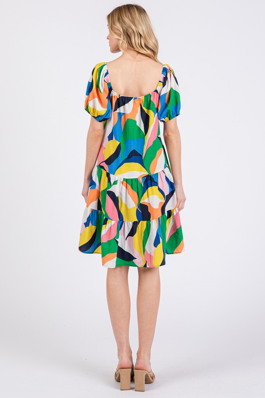 Heart's Desire Abstract Print Sweetheart Neck Puff Sleeve Dress