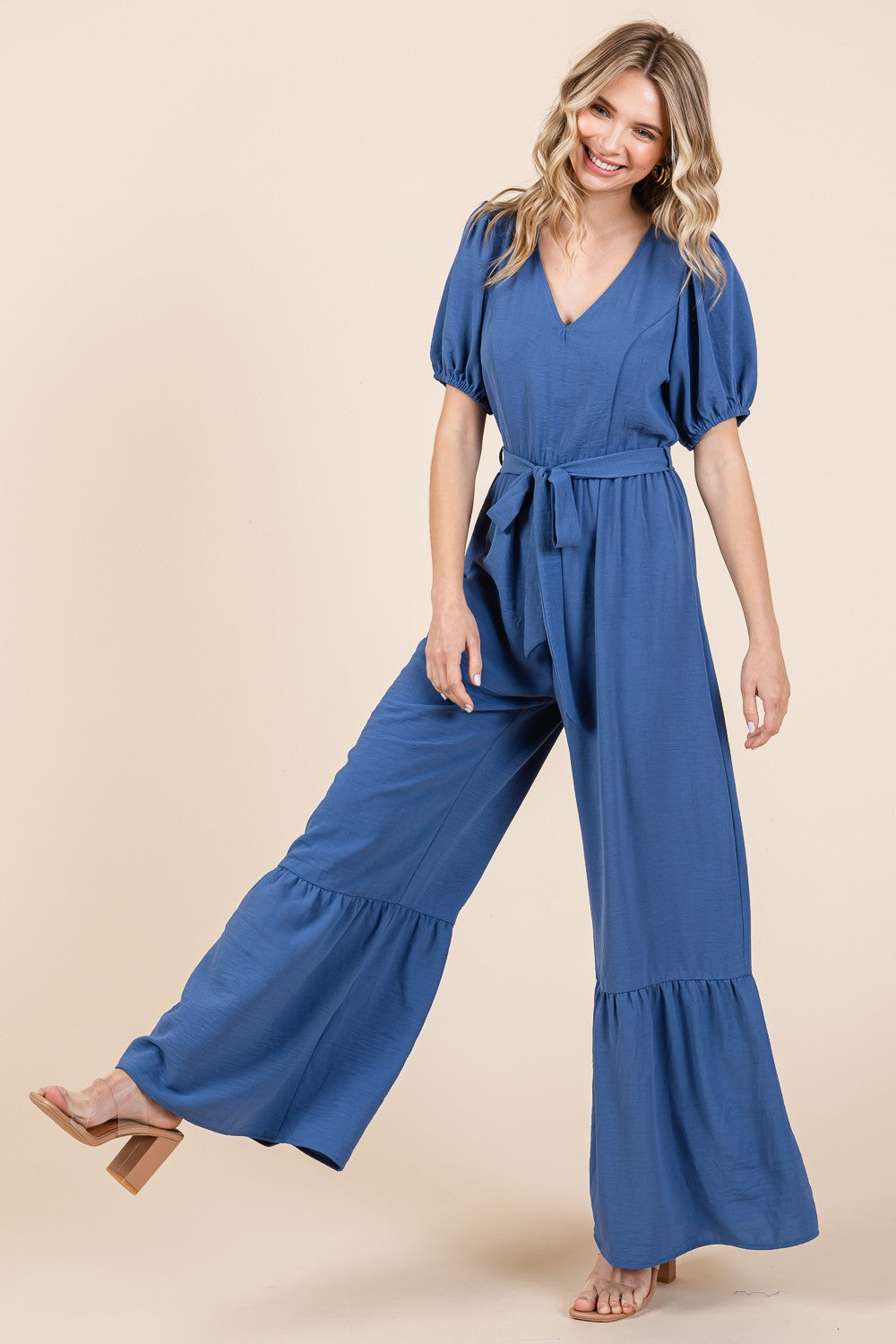 Sans V-Neck Belted Wide Leg Jumpsuit