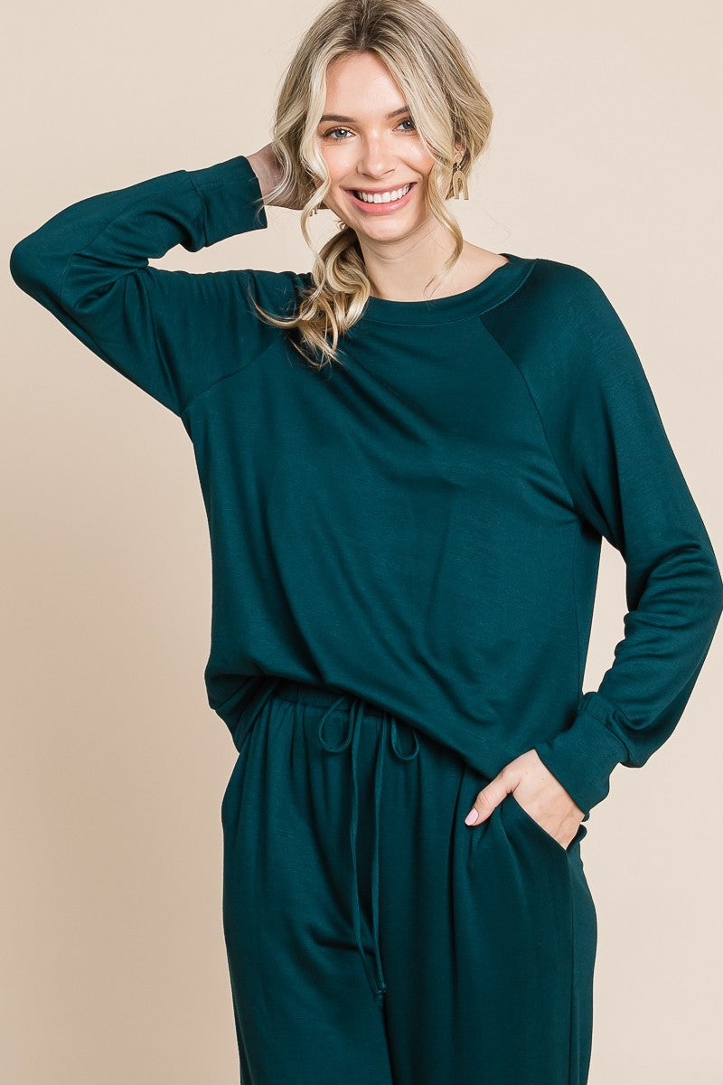 Sansplay Luxe Two-Piece Round Neck Raglan Sleeve Top and Drawstring Pants Lounge Set
