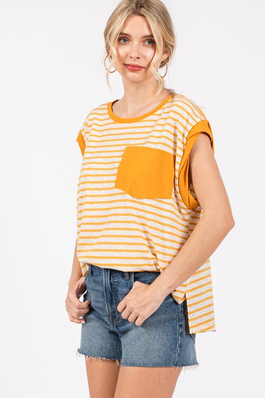 Twirl & Twirl Side Slit Striped Cap Sleeve T-Shirt