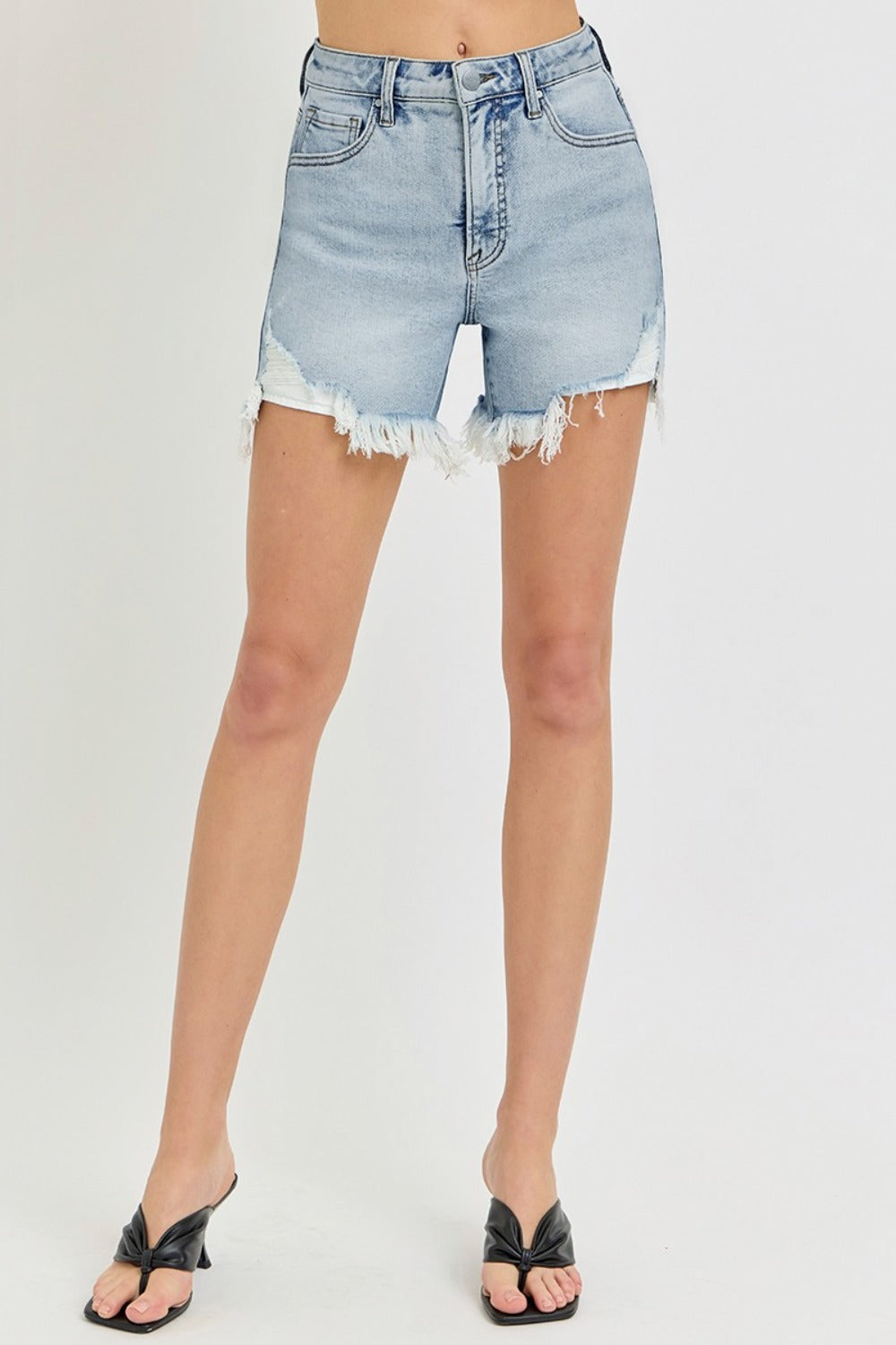 Rise Side Step Hem Denim Shorts