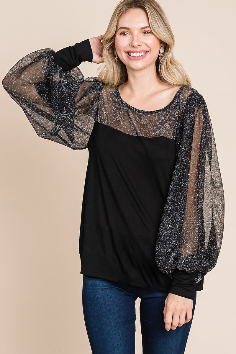 Ephemeral Grace Metallic Mesh Lantern Sleeve Blouse