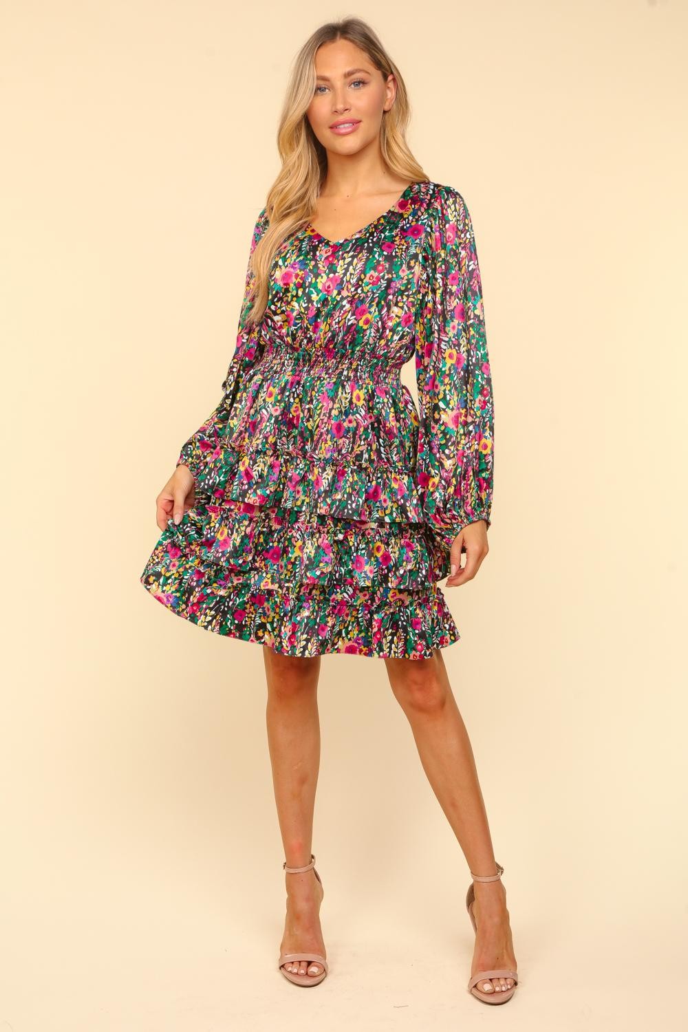 Sansplay Juliette Rhapsody V-Neck Satin Floral Layered Dress