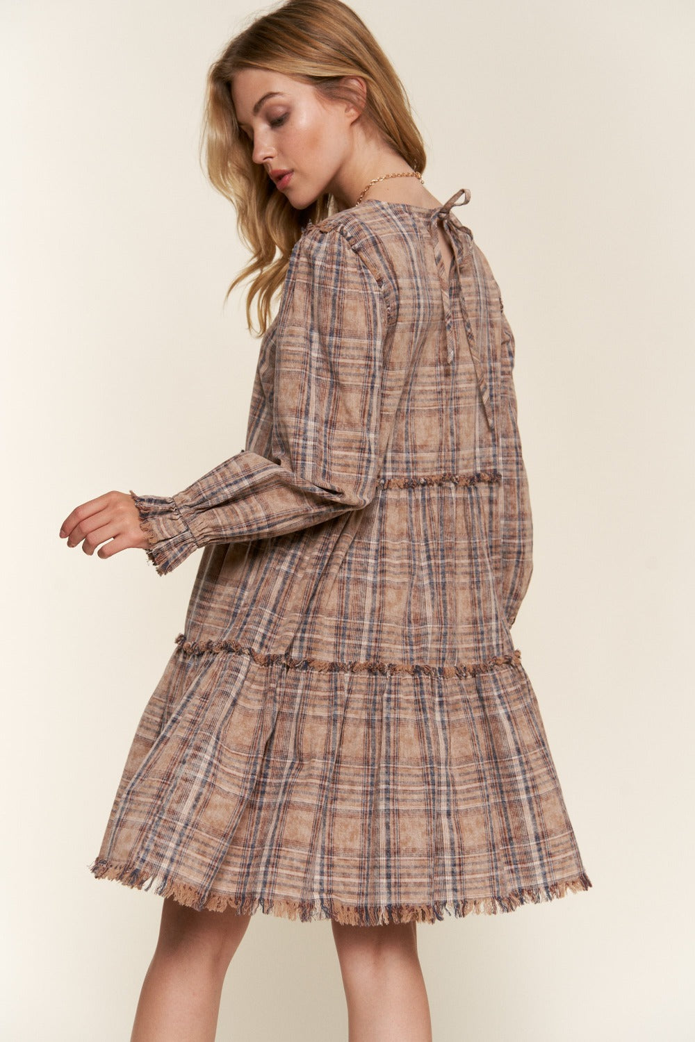 The Minimalist Washed Frayed Tiered Plaid Dress