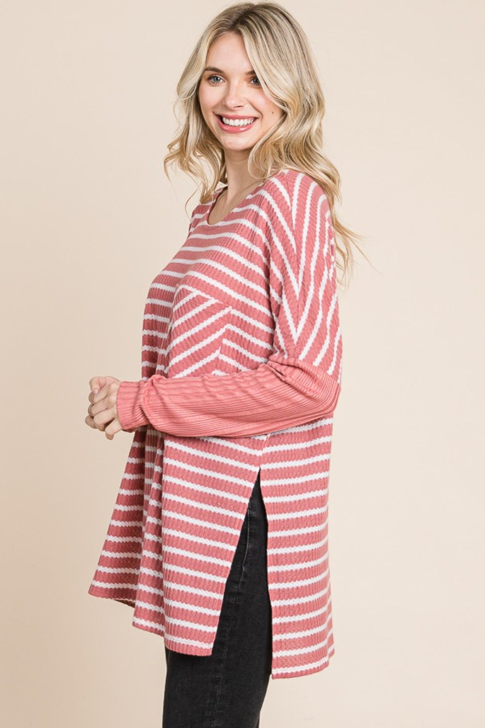 Sans Oversize Striped Round Neck Long Sleeve Slit T-Shirt
