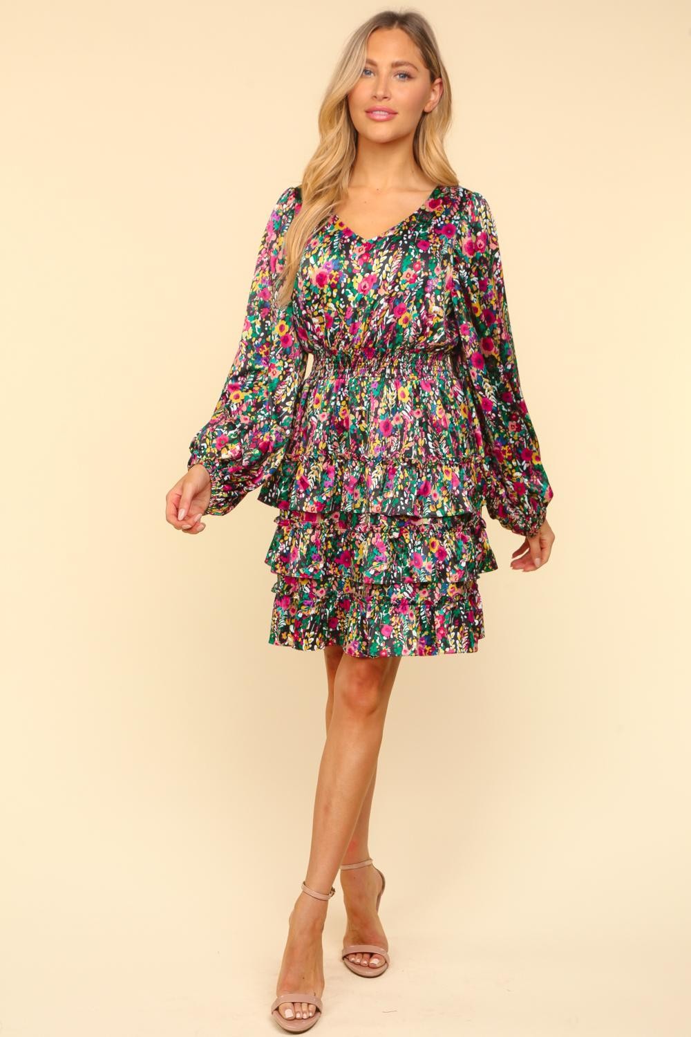 Sansplay Juliette Rhapsody V-Neck Satin Floral Layered Dress