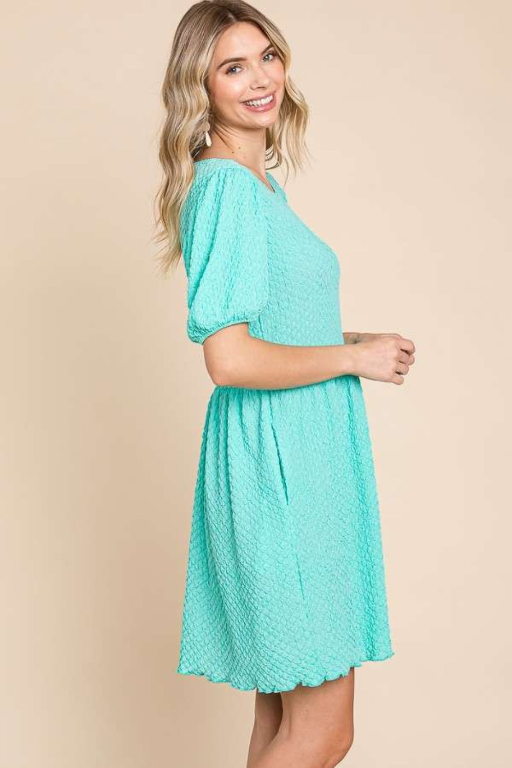 SKY BLUE Textured Round Neck Puff Sleeve Dress