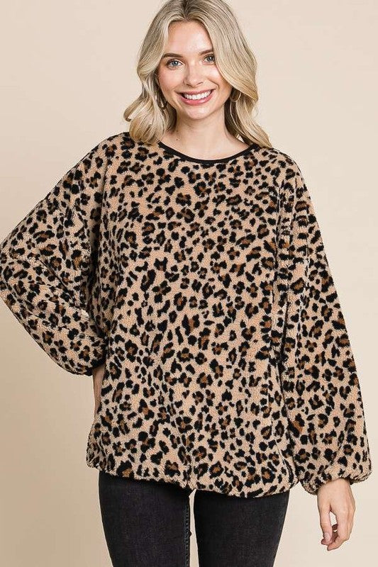 The Cashmere Dream Leopard Faux Fur Round Neck Top