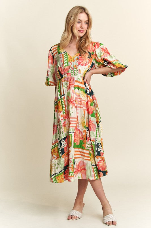Enchanted Eve Floral V-Neck Puff Sleeve Midi Dress