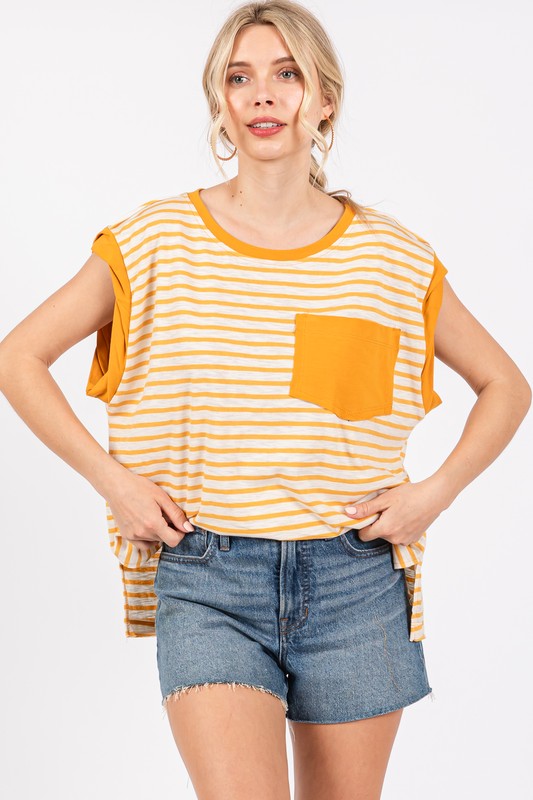 Twirl & Twirl Side Slit Striped Cap Sleeve T-Shirt