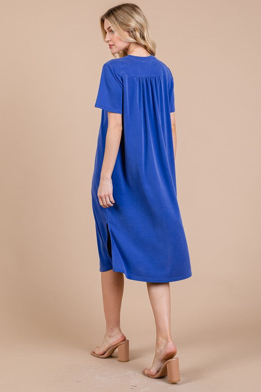 Heart's Desire Side Slit Short Sleeve Midi Dress with Pockets
