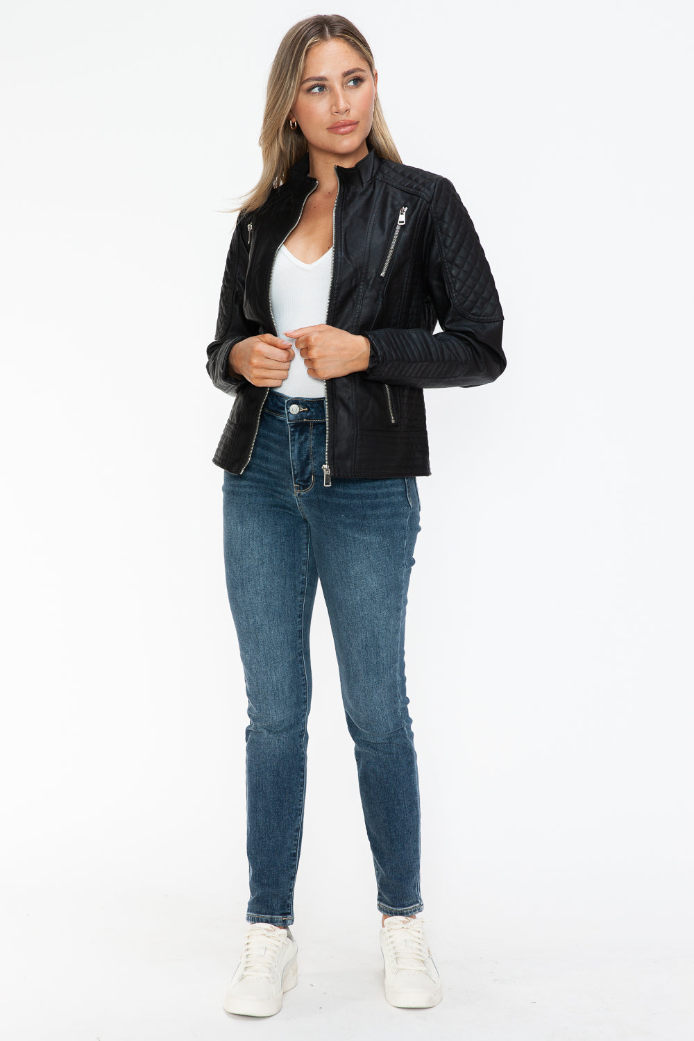 Leather Zip Up Mock Neck Jacket