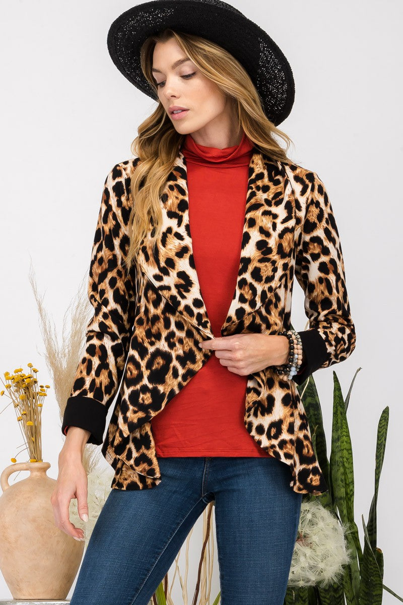 Sansplay Tailored Blazer Leopard Open Front Long Sleeve Blazer