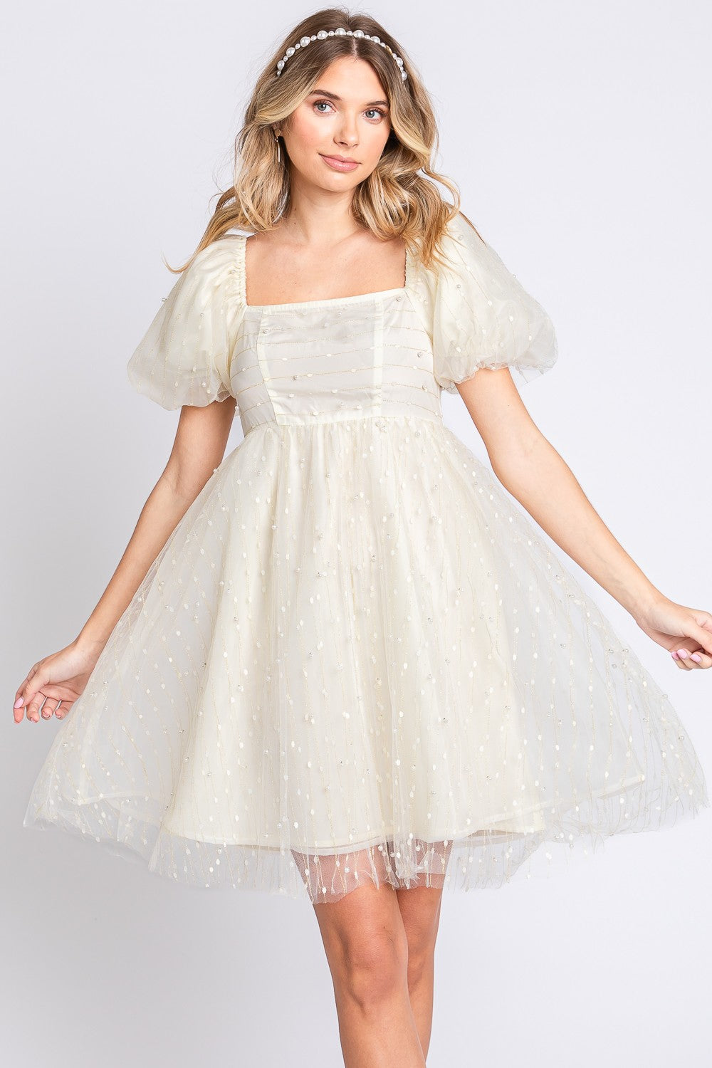 Sansplay Pearl Mesh Puff Sleeve Babydoll Dress