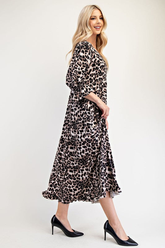 Whimsy Full Size Leopard Round Neck Flounce Sleeve Dress