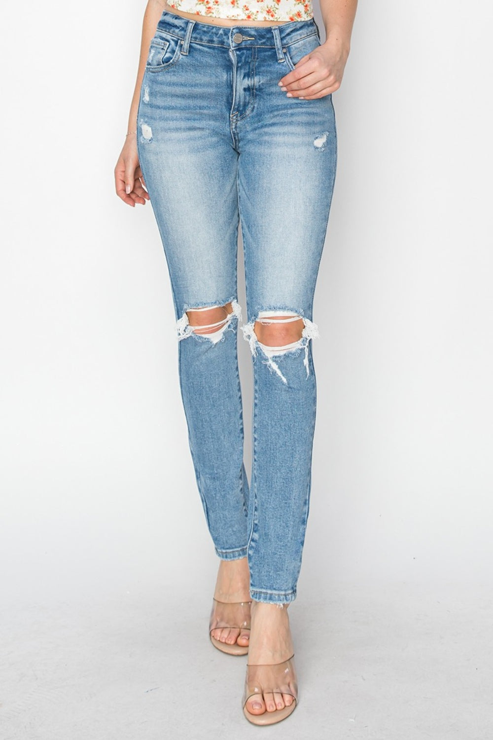 The 1940's Straight High Rise Knee Distressed Skinny Jeans