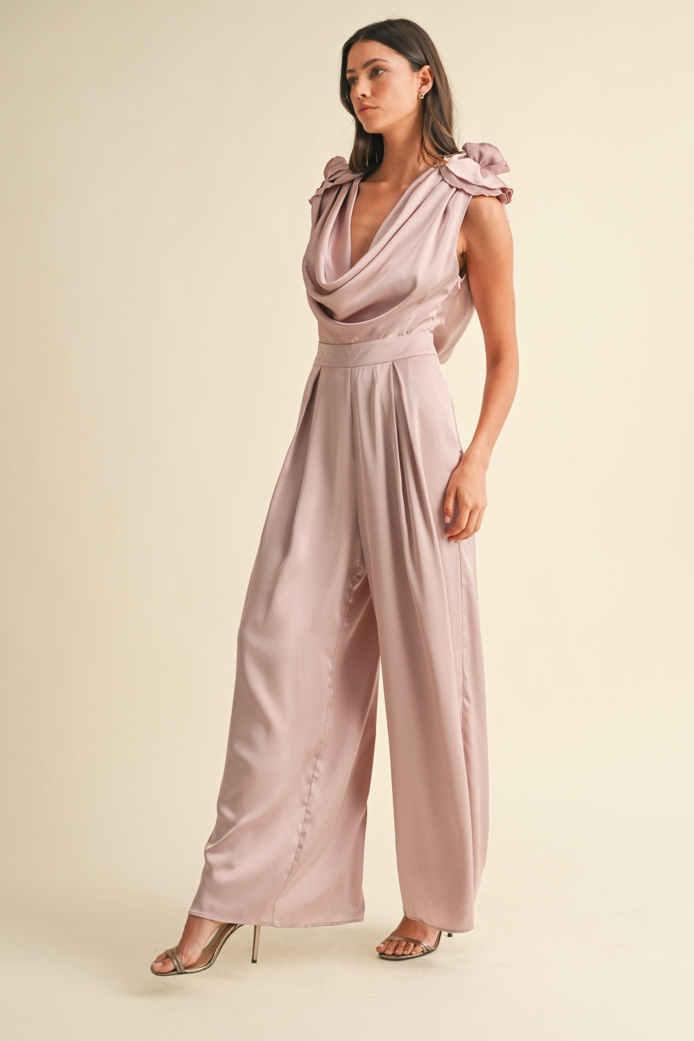 Dreamscapes 3D Floral Applique Deep Cowl Neck Jumpsuit
