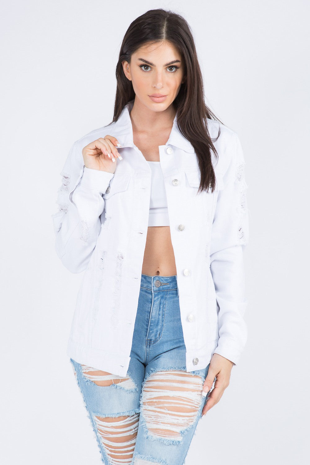 Sansplay Distressed Back Button Down Denim Jacket