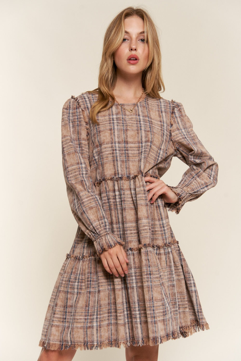 The Minimalist Washed Frayed Tiered Plaid Dress