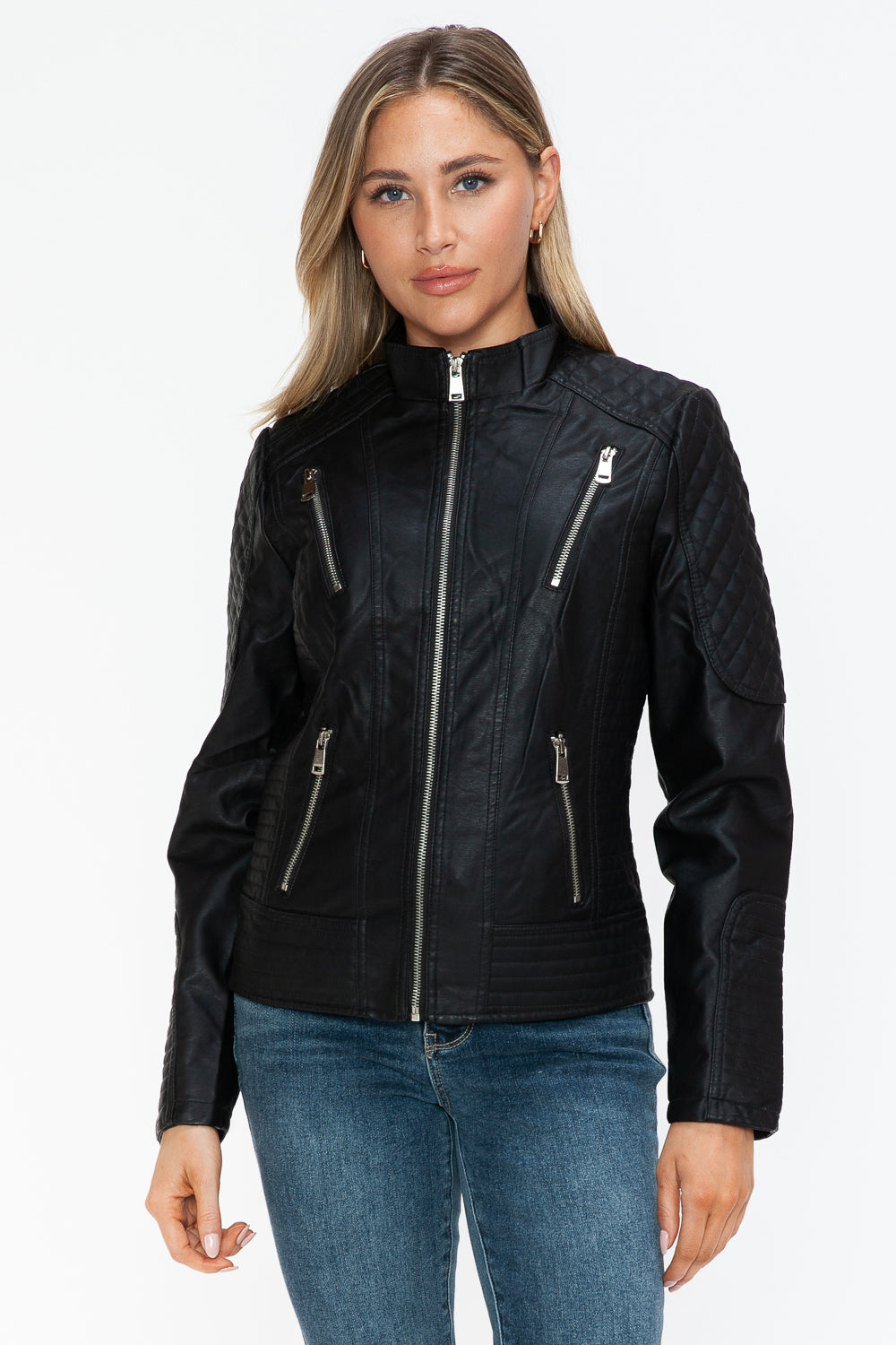 Leather Zip Up Mock Neck Jacket
