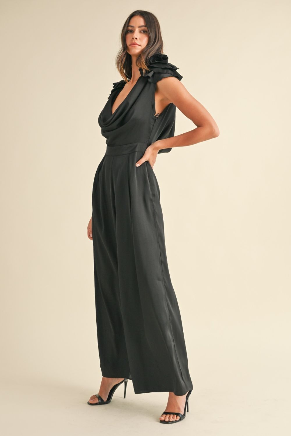 Sansplay Celestial Nights Party Floral Applique Deep Cowl Neck Jumpsuit
