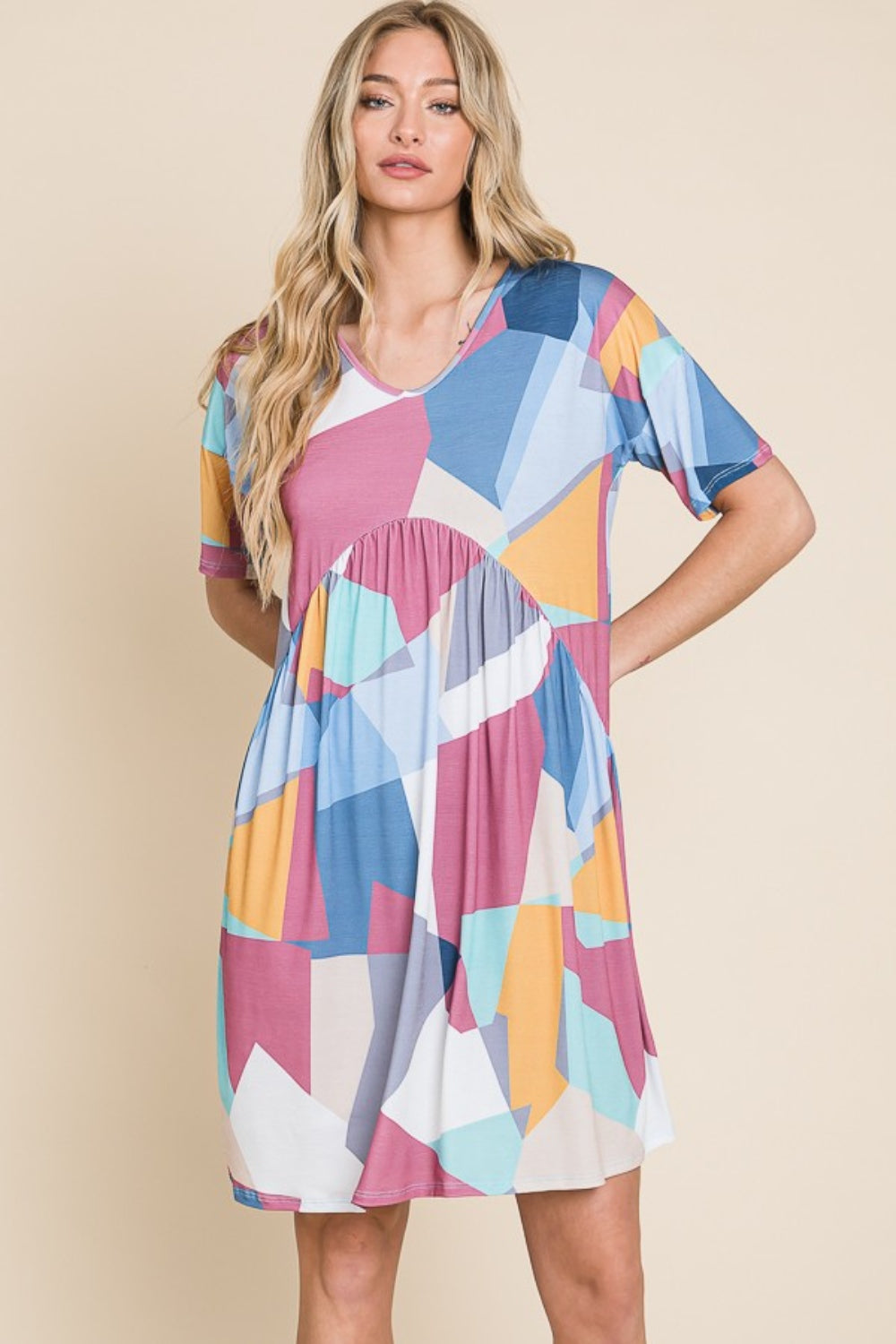 Sansplay Urban Bloom Ruched Color Block Short Sleeve Dress