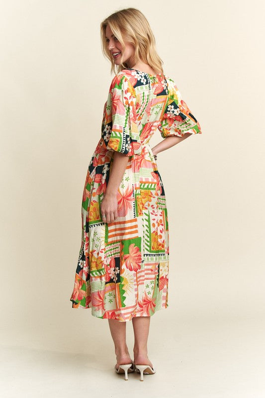 Enchanted Eve Floral V-Neck Puff Sleeve Midi Dress