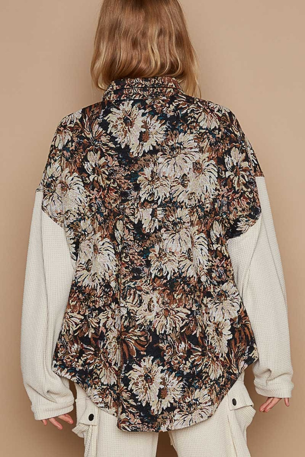 Solace Contrast Sleeves Button Down Floral Jacquard Shirt