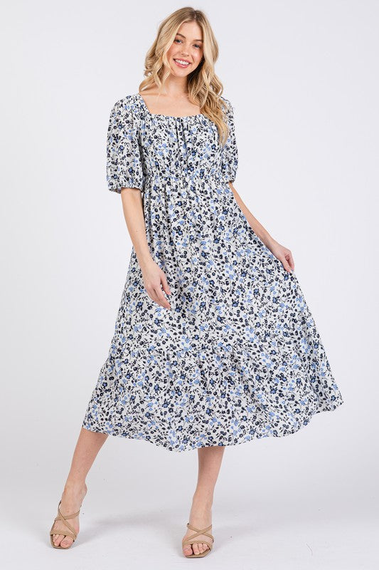 Whispers of Romance Floral Square Neck Puff Sleeve Midi Dress