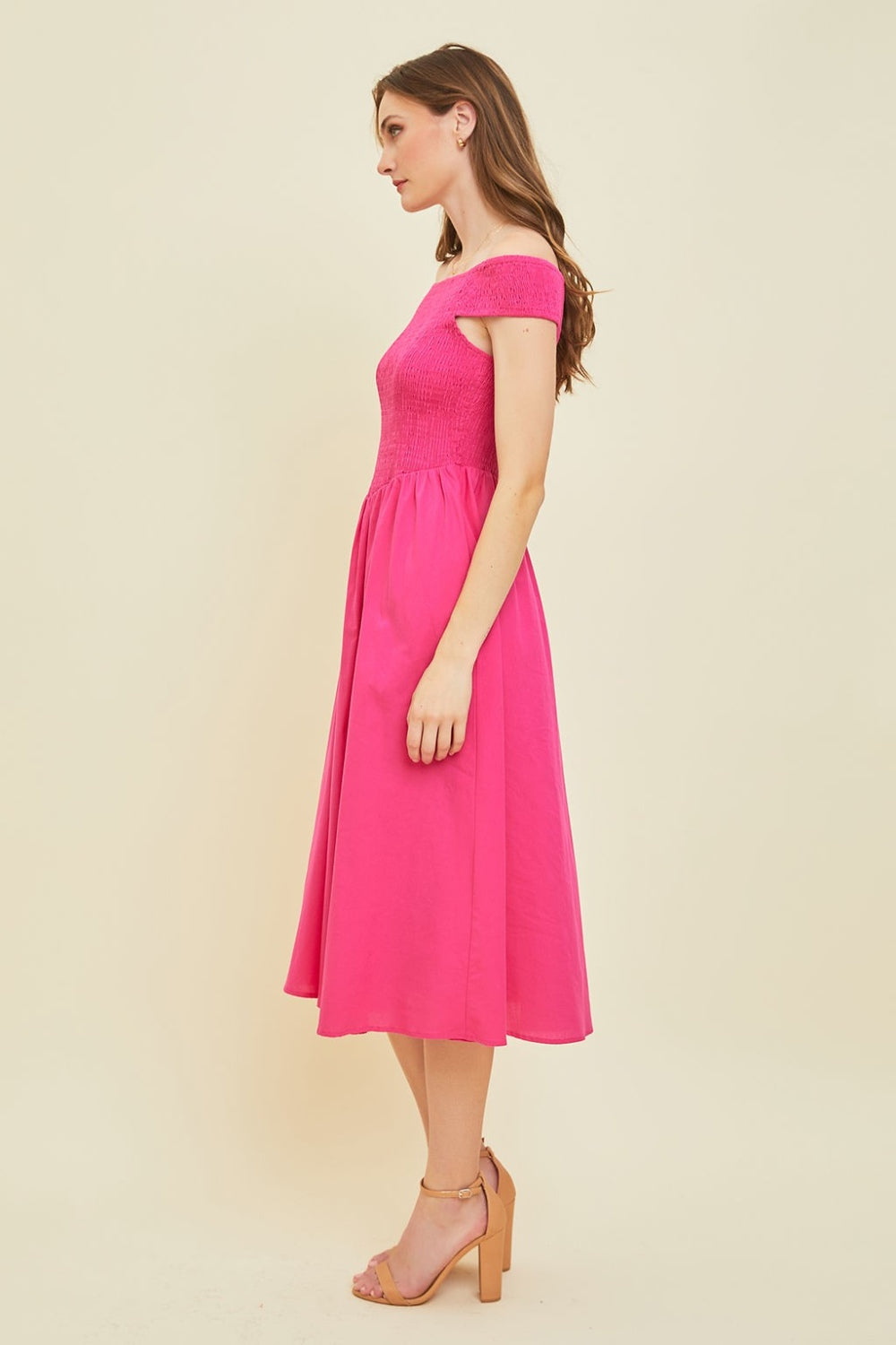 Whimsy Off-Shoulder Smocked Midi Dress