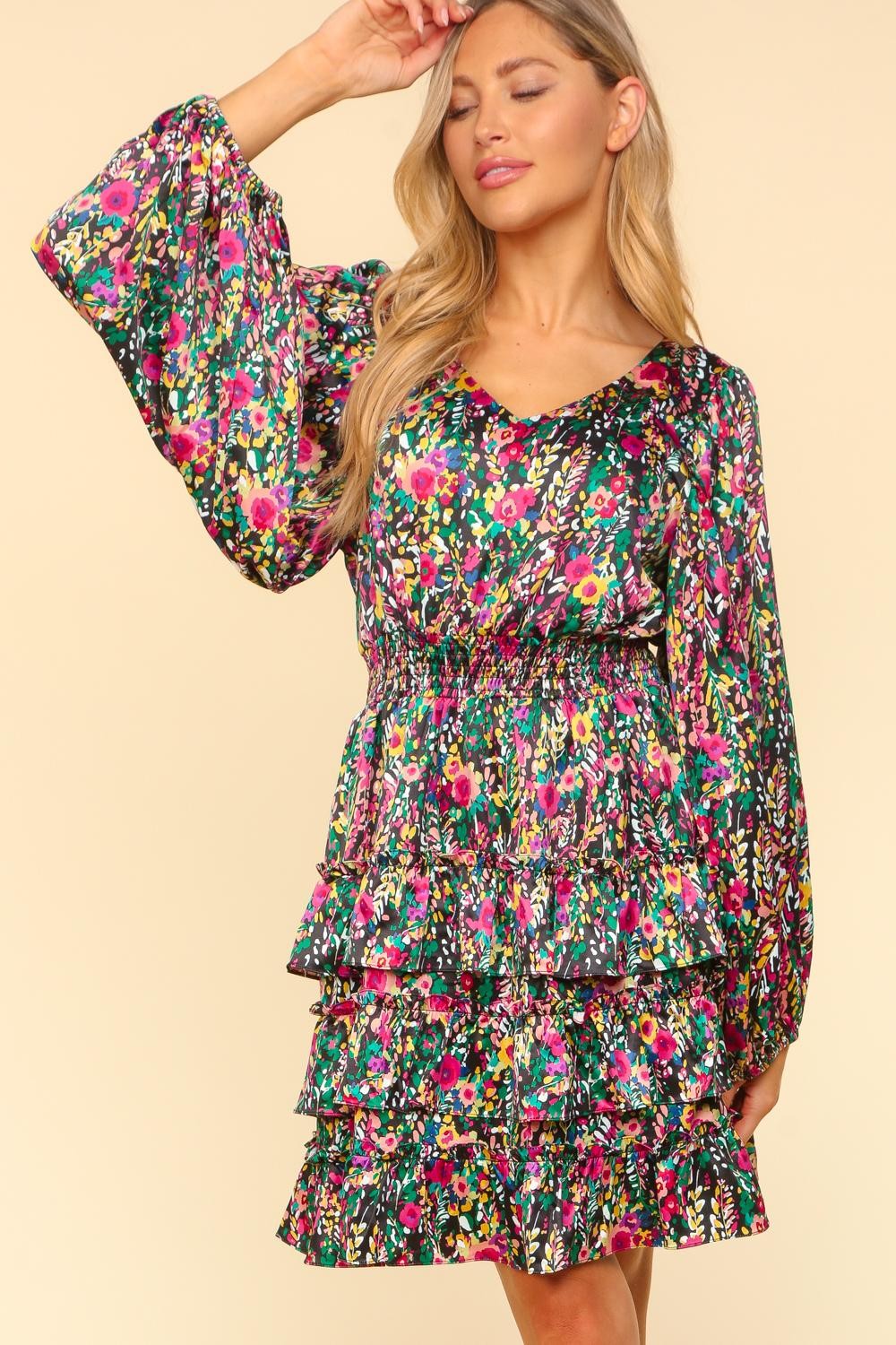 Sansplay Juliette Rhapsody V-Neck Satin Floral Layered Dress