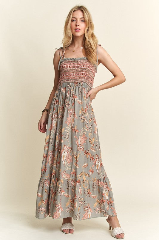Cupid's Arrow Smocked Printed Square Neck Tie Shoulder Cami Dress