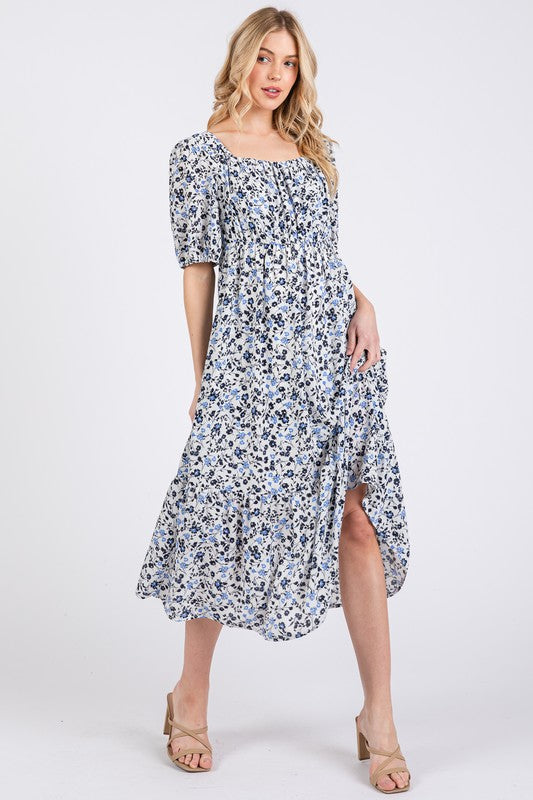 Whispers of Romance Floral Square Neck Puff Sleeve Midi Dress