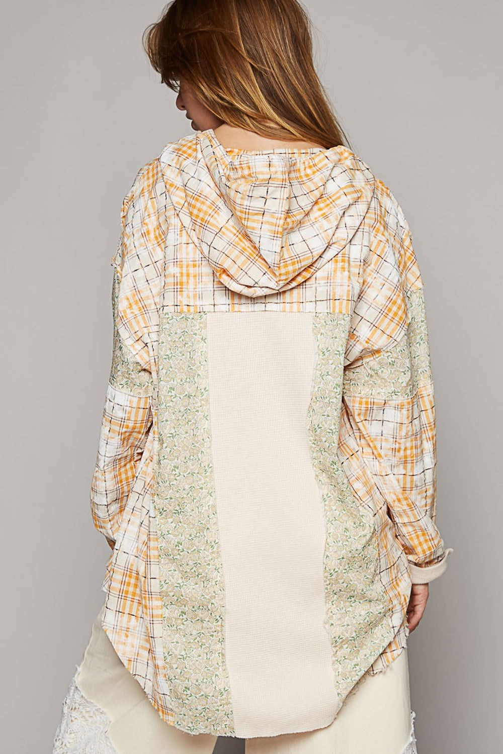 Solace Long Sleeve Knit Mixed Hoodie Plaid Shirt