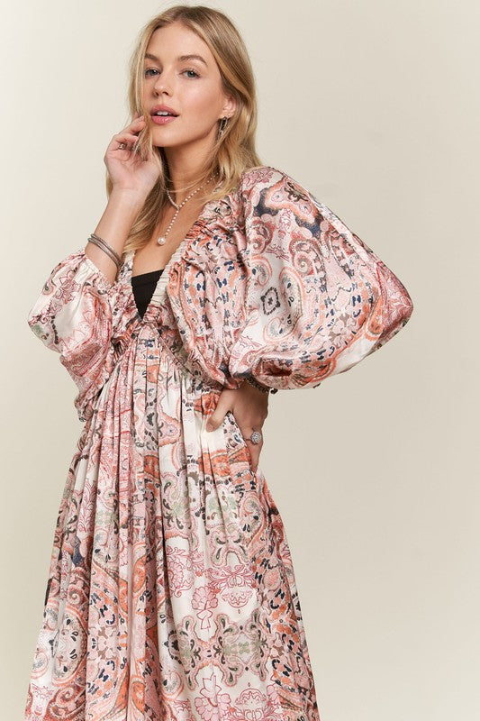 Enchanted Eve Printed V-Neck Batwing Sleeve Dress